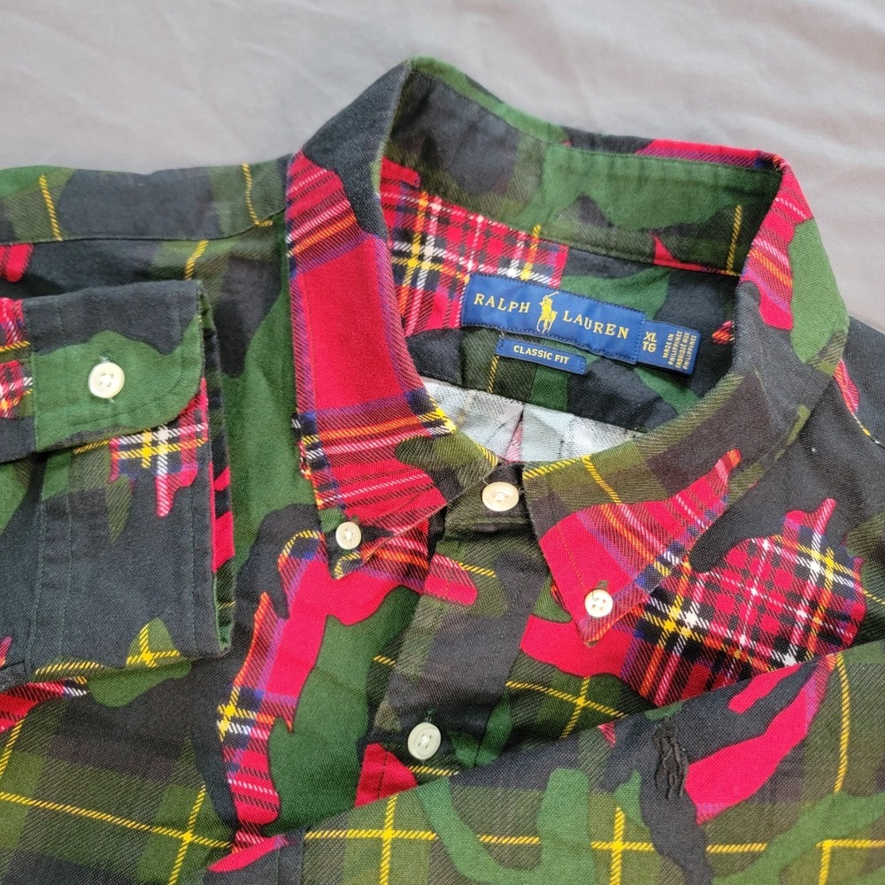 Ralph Lauren Camo Plaid Button Down Shirt Men's XL Long Sleeve Classic Fit